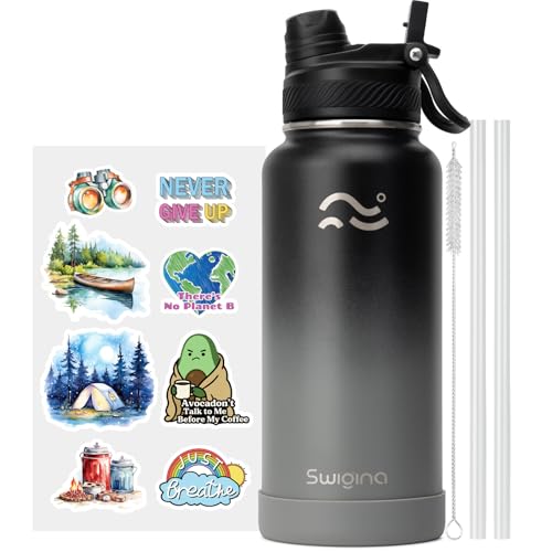 Image of Swigina [2-IN-1 LID] Insulated Water Bottle with Silicone Boot (36hrs Cold /18hrs Hot) - DIY Stickers, Leakproof, BPA Free, 32 oz