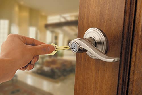 Image of Kwikset Tustin Entry Door Handle with Lock and Key, Secure Keyed Reversible Lever Exterior, For Front Entrance and Bedrooms, Venetian Bronze, Pick Resistant Smartkey Rekey Security and Microban