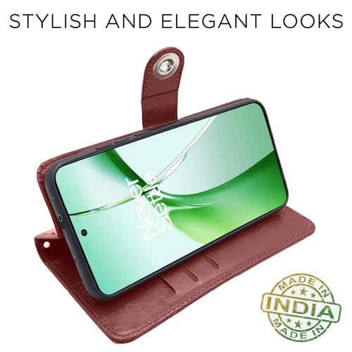 Image of Pikkme OnePlus Nord CE 4 5G Flip Cover Leather Finish | Inside TPU with Card Pockets | Wallet Stand and Shock Proof | Complete Protection Button Flip Case (Brown)
