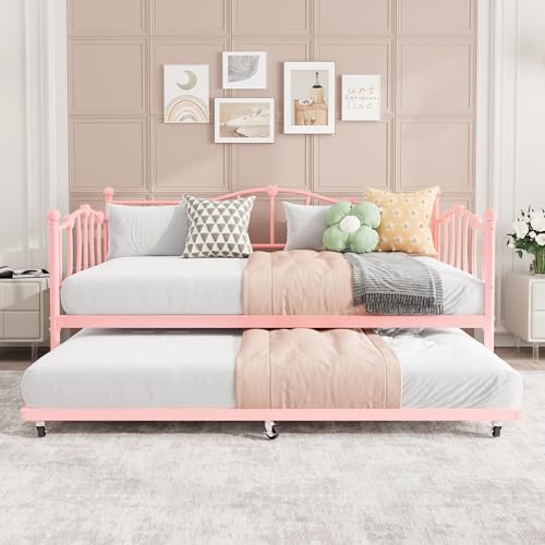 GarveeHome Twin Daybed with Trundle, Metal Sofa Bed Frame with Steel Slat Support, for Living Room, Bedroom, Love Heart Design, No Box Spring Needed,