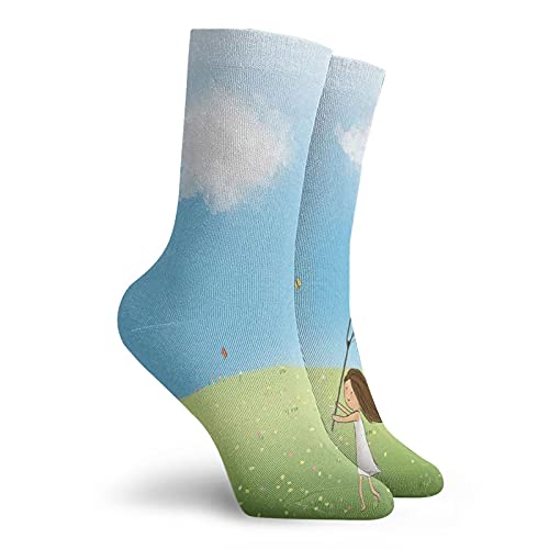 Fashion Compression Socks,Happy Girl Chasing Butterflies With Net In Spring Meadow,Performance Polyester Cushioned Athletic Crew Socks for Running,Athletic, -12 inch2