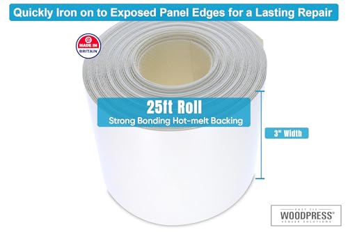 Image of WoodPress 3 inch Matt White Melamine Iron-On Edging - 25 ft Edge Tape - Pre-Glued Veneer Strip for Easy DIY - Edge Banding for Furniture Repair - Hot-Melt Backed Trim for Worktop, Shelf, Desk, Cabinet