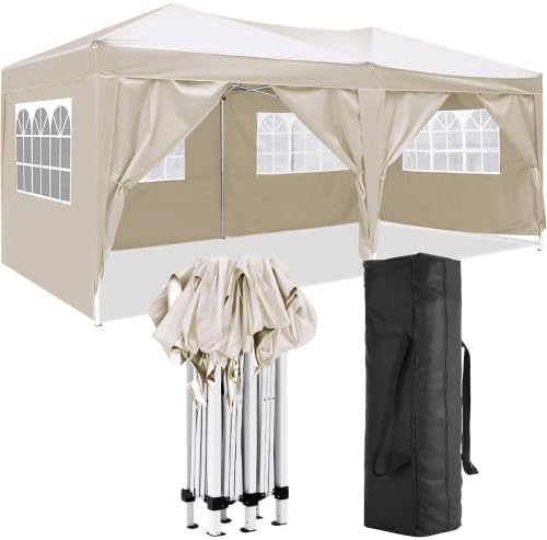 10x20 FT Pink Folding Canopy with 6 Removable Sidewalls (4 Windows and 2 Zipper), Outdoor Event Shelter, Pop Up Tent for Parties Beach Camping Wedding, Carry Bag Included