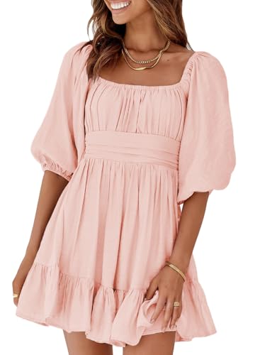Dokotoo Square Neck Summer Dresses for Women Casual Lantern Sleeve Beach Vacation Clothes for Women Ruffle A-Line Flowy Dress Tie Backless Pink Sexy Dresses Shirred Elastic Waist Sun Dress Small