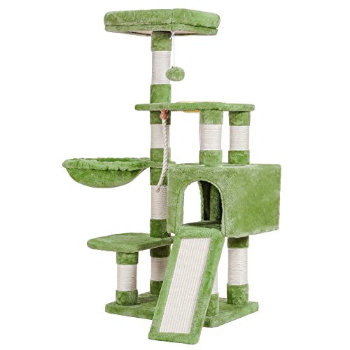 Image of Heybly Cat Tree Cat 46 inches Tower for Indoor Cats Multi-Level Cat Furniture Condo with Feeding Bowl and Scratching Board Green HCT010SGR