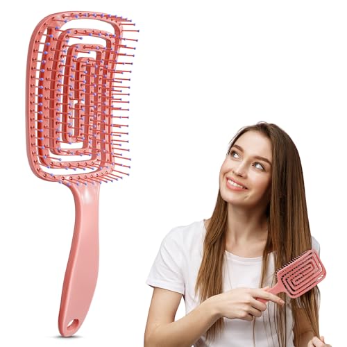 Pink Hair Detangler Brush - Curved Vented Brush for Thick Hair, Lightweight and Ergonomic, Convenient Size, Suitable for All Curl Types (Includes Wigs), Good for Men, Women, and Teens