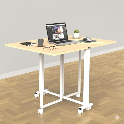 Image of InnoFur Wood Easy Folding Dining Table | Foldable Dinner | Cafe | Breakfast | Four Seater Dinning with Wheels for Home, Hotels, Office (Beige, Large(130 CM))
