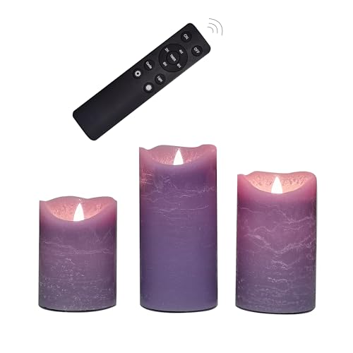 Image of CANDLE CHOICE Real Wax Battery Operated Flameless Candles with Remote Automatic Daily Cycle Timer Realistic Flickering Electric LED Pillar Wedding Party Holiday Decoration 3 Pack Rustic Texture Purple