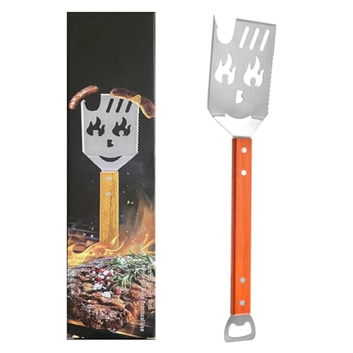 Biglumin Accessoires Barbecue - Spatule Gril 7 en 1 pour BBQ, ustensiles Barbecue INOX avec Manche en Bois, Outils de Barbecue Uniques et créatifs, Couteau et Fourchette, scie, décapsuleur.