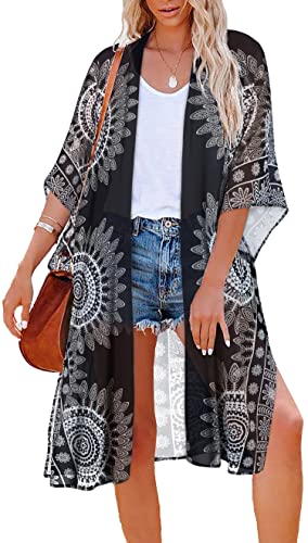 Image of Women's Kimono Swimsuit Coverups Summer Beach Loose Cardigans for Swimwear | CHICGAL Casual Open Front Chiffon Cover Up, 3 /4 Sleeve Lightweight Vacations Outfits 2026, Long Summer Resort Wear