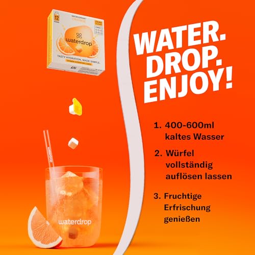 waterdrop® Microdrink Limonade: Orange, Zitrone, Grapefruit, 36 Drops Würfel, zuckerfreies Getränkpulver, 3 fruchtige Sorten, Frucht- und Pflanzenextrakten, mit wertvollen Vitaminen, Wasserzusatz