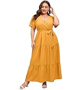 ShopWonder Womens Plus Size V Neck Wrap Maxi Dress High Waist Ruffle Summer Casual Dress with Belt
