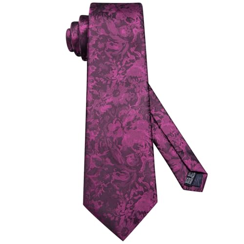 Image of Dubulle Mens Tie Set Solid Paisley Silk Striped Necktie for Men with Cufflinks Tie and Pocket Square,Purple Hot Pink