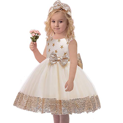 Baby Girls Sequins Dresses Toddler Lace Ruffles New Year Tutu Dress With Headwear (Star+Champagne,80) #TOP2