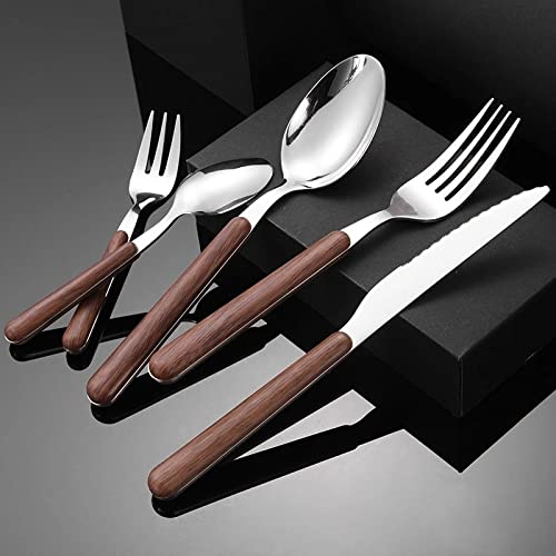 Besteck-Sets 30/20-teiliges Besteck-Set mit Holzgriff, Edelstahl, Gold, Geschirr-Set, Service, Messer, Gabel, Löffel, Holzgeschirr-Sets, Edelstahl (Farbe: Grau) (Schwarz)