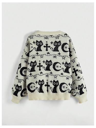 Image of WDIRARA Women's Goth Cartoon Pattern Sweater Knit Pullover Top | Long Sleeve, Crewneck