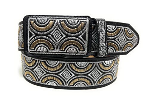 Men's Silver and Gold Color Embroidered Western Belt, Cinto Vaquero Bordado Plateado2