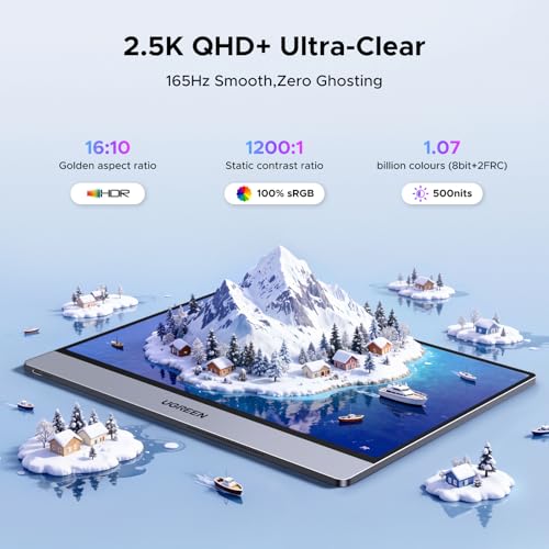 Image of UGREEN 16 Inch 2.5K Portable Monitor, IPS Display 2560x1600@165Hz 100% sRGB with Magnetic Stand, USB-C & Mini HDMI, Gaming External Second Screen Built-in Speakers for Mac /Laptop /PC /PS5 /Switch, Work