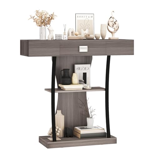 LIFEZEAL Tavolo consolle in legno, tavolo da ingresso con 3 livelli di stoccaggio aperto, tavolino stretto con cassetto per ingresso, corridoio, soggiorno (grigio)