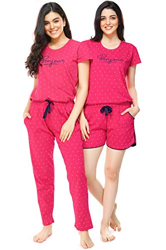 Image of ZEYO Women's Cotton 3Pc'S Heart Printed Night Suit Pajama Set 5357