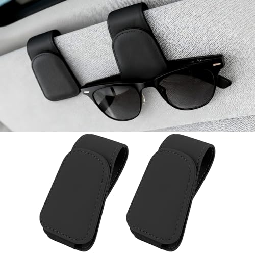 Zorplex Lot de 2 Supports Lunettes de Soleil Magnétiques en Cuir pour Pare-Soleil pour Voiture, Porte-Lunettes et Porte-Cartes, Universel, Accessoire Auto...