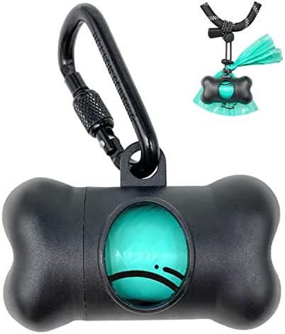 Dog Poop Pickup Bags Holder Dispenser with Standard-Sized Leak-Proof Scented Doggy Waste Bags and Carabiner with Safety Lock Plus Hook and Loop Fastener Never Loose on Leash Lead Again (Black, 1 Holder 15 Bags)