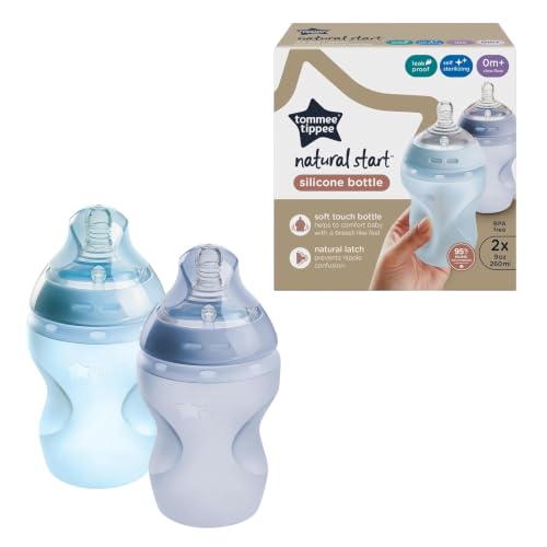 Image of Tommee Tippee Natural Start Anti Colic 9 oz BPA Free Silicone Baby Bottles, 0+ Months, Silicone Feels Like Mother's Skin, Slow Flow Breast-Like Nipple, Blue, Pack of 2