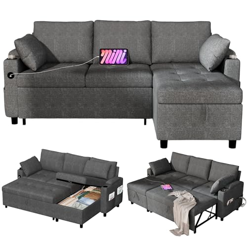 YODOLLA Schlafsofa mit Bettkasten, 200cm Breit Umschaltbare Chaiselongue Schlafsessel mit USB-Ports & Tassenhalter, Ausziehsofa für Wohnzimmer & Wohnung, Grau