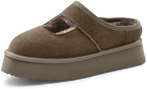 Platform Slippers for Women Cozy Fur Lined Slip on Mary Jane Shoes Winter Warm Comfy House Slippers for Indoor Outdoor