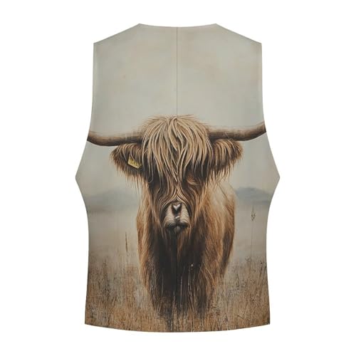 Highland Cow Print Men's Suit Vest Slim Fit V-Ncek Waistcoat Business Casual Vest 5