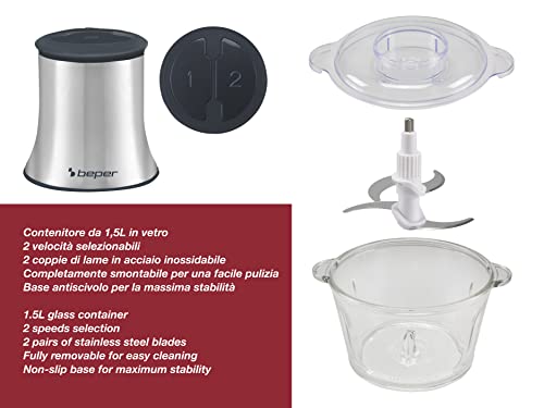 BEPER P102ROB001 Tritatutto in vetro, Contenitore in vetro, Corpo in Abs, Doppia coppia di lame in acciaio,2 velocità, base antiscivolo, Capacità di 1,5L, Grigio/Nero - immagine 5