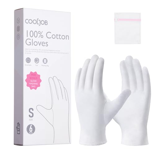 COOLJOB 100% Cotton Gloves 6 Pairs White Cotton Gloves for Dry Hands Moisturizing & Eczema Overnight Lotion Sleep & Spa Treatment for Women & Men Breathable Work Glove Liners Small Size