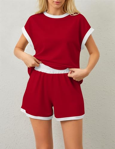 Image of MISSACTIVER 2 Piece Lounge Set Women Stripe Knit Short Sleeve Tee Shirts Shorts Casual Summer Loungewear Shorts Sets