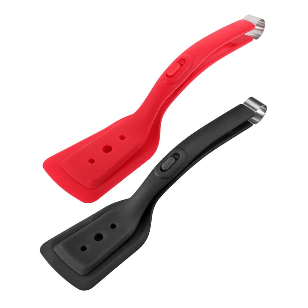 2 in 1 Grip and Spatula Tongs 2pcs Egg Shovel Pancake Flipper With Buckle Food Grade Silicone Tong Fish French Toast Omelet Making for Kitchen Black