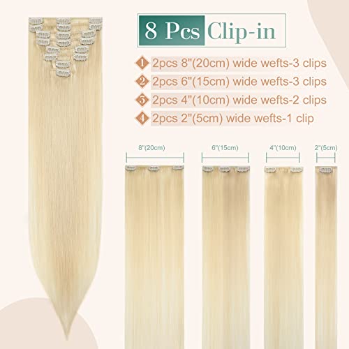 Image of Benehair 8pcs Clip in Hair Extensions Real Human Hair 10inch Remy Human Hair Extensions Straight Natural Hair Extensions Highlighted Bleach Blonde