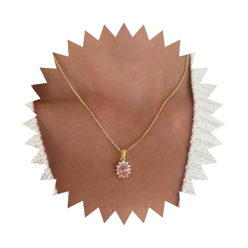 Cybche Collar vintage de cristal ovalado rosa con halo de flores, collar con colgante de circonita cúbica dorada, gargantilla de piedras preciosas rosas, collar ovalado de halo para mujer