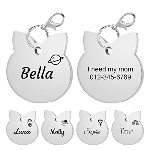Fancyqube Customized Pet ID Tag, Engraved Cat Collar Tags, Stainless Steel Cat Name Tag, Engraved on Both Sides, Custom Text with Cute Pattern (Cat Shape, Sliver)