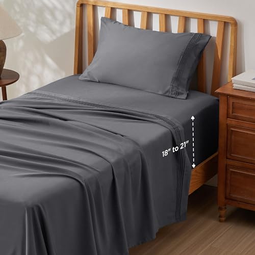 Image of Bedsure Deep Pocket Twin Sheets Set - Fits Mattresses Up to 21 Inches Thick -3 Piece GentleSoft Bed Sheets, Moisture Wicking, Soft & Cooling Bedsheet & Pillowcases, Easy & Secure Fit, Dark Grey