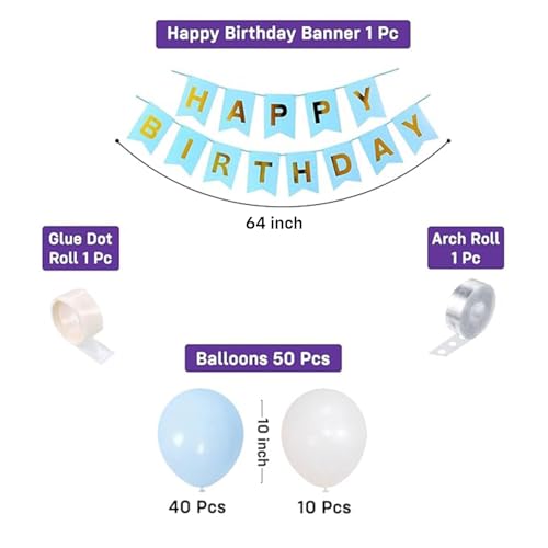 Image of Party Propz Birthday Decoration Kit for Boys - 53 Pcs Blue and White Balloons for Decoration, Pastel Balloons for Decoration, Happy Birthday Decoration Kit with Banner (Cardstock)