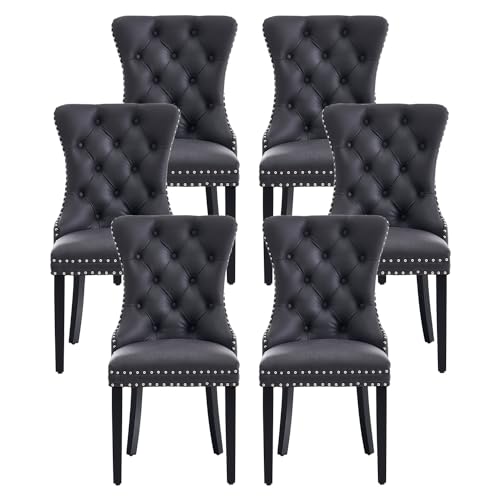 Image of Leather Dining Chairs, Upholstered Dining Room Chairs, Black, Set of 6