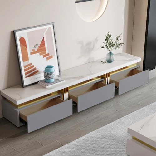 Image of Luxury Joyce Modern TV Unit /Console - 70 inch Naino Compsit Marble Top, 3 Drawer Storage - White & Gold Finish - Scratch Resistant, Waterproof Plywood - Living Room Media Cabinet (Gray)