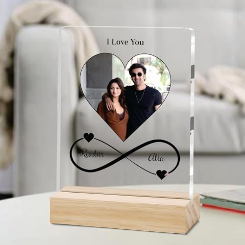 Image of Giftplease Customized Photo Frame with Wooden Stand | Transparent | Personalized Couple Picture Frame Gift for Girlfriend, Boyfriend, Husband, Wife |Anniversary, Wedding, Valentine s Day C 04