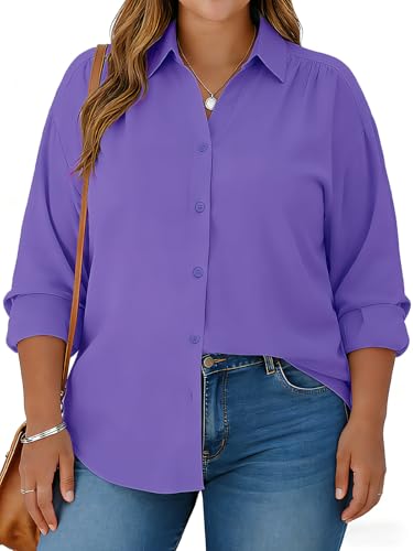 Charming Ashley Plus Size Womens Solid Color V Neck Button Down Blouse Long Sleeve Casual Business Dressy Blouses XL-5XL Deep Purple