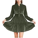 EMATOP Samtkleider Damen Elegant Langarm Festlich Kleid Winter Warm Blusenkleid Knielang Minikleid V-Ausschnitt Knöpfe Hemdkleid Hohe Taille A-Linie Kleider Einfarbig Bequem Partykleid