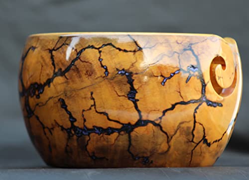 Image of Lichtenberg Figure Yarn Bowl - Handmade Wooden Yarn Bowl for Knitting Yarn Ball Holder - Yarn Bowls with Holes Crochet Bowl Holder - Yarn Storage Bowl 7 inch x 4 inch inches (Blue-A)