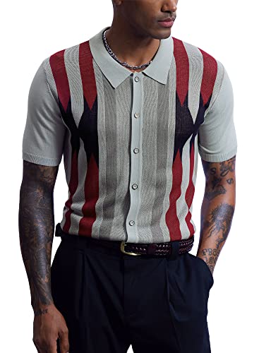 Mainfini Men's Vintage Knit Polo Shirt Casual Button Shirt (S-XXL)