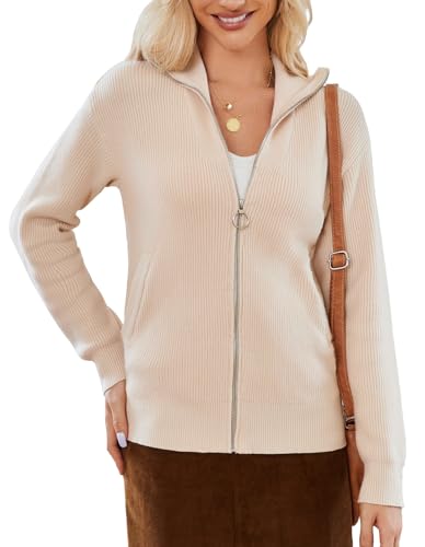 Zip Up Khaki Cardigan Sweatshirt Ribbed Knit Chunky Knit