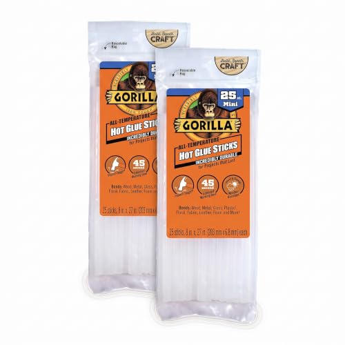 Gorilla Hot Glue Sticks, Clear Glue, Mini Size 8" Long x 0.27" Diameter, 25 Count (Pack of 2) - Safe for All Temperatures with Extended Working Time