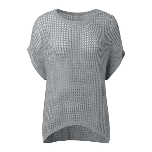 Womens Short Sleeve Crochet Sweater Lightweight Summer Off Shoulder Scoop Neck Tops Loose Hollow Out Knit Pullover3