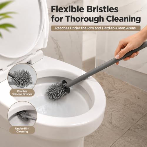 Image of Vasukie Silicone Toilet Brush and Holder Set with Caddy Organizer, 2-in-1 Bathroom Cleaning Set with Detail Brush, Drip Tray & Soap Dispenser Holder for Small Bathrooms & Apartments (Grey)